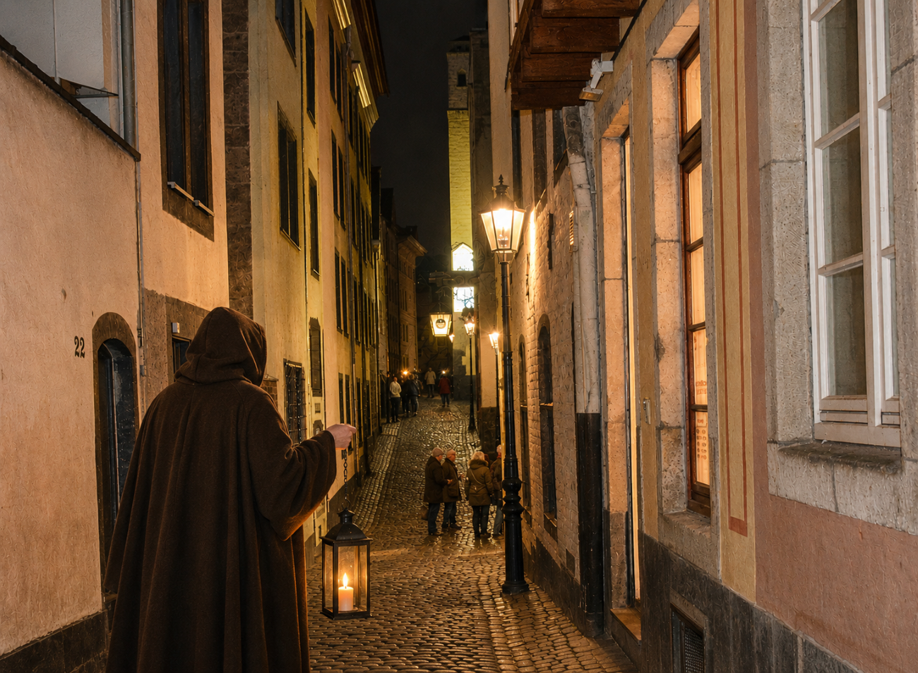 Kölner Altstadtgasse mit Nachtwächter